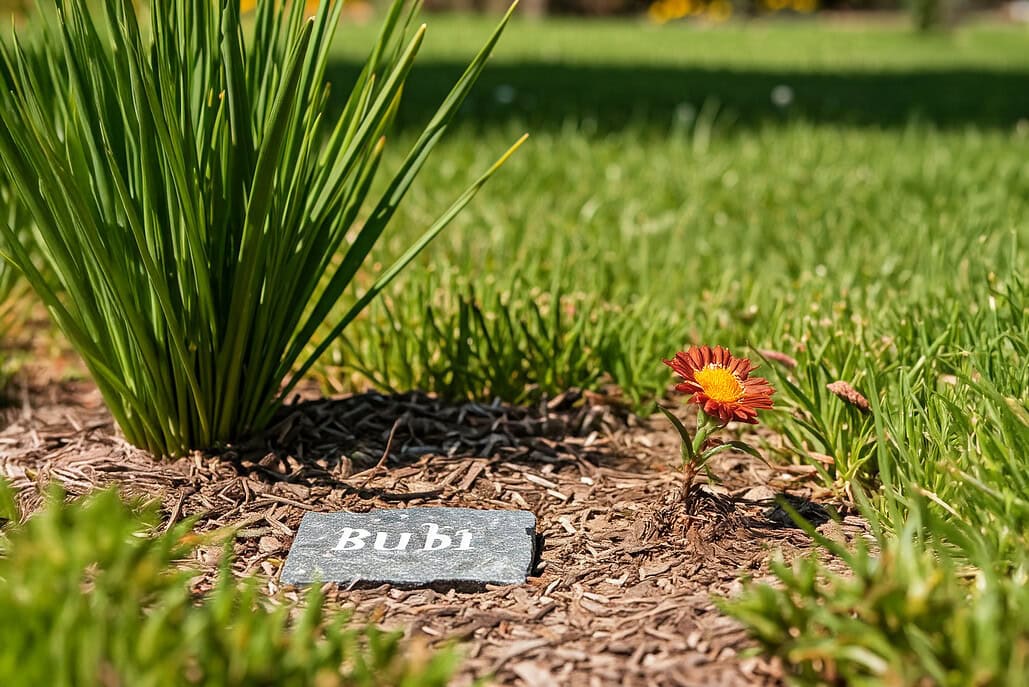 Grabstelle des verstorbenen Haustieres mit kleiner Blume
