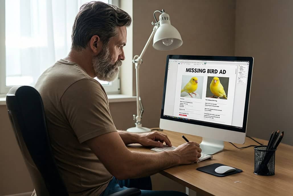Eine Person sitzt vor einem Computer und erstellt eine Anzeige im Tierportal