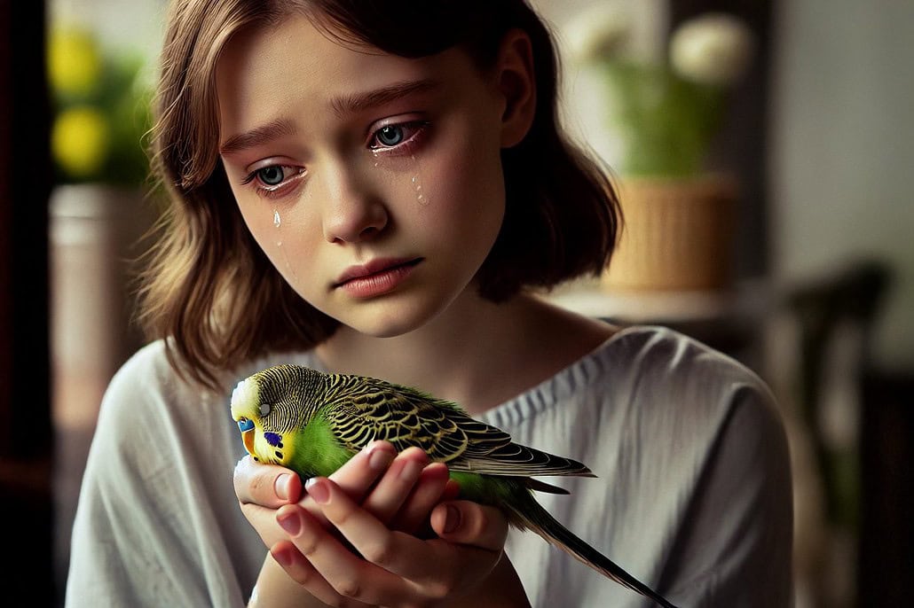 Ein Kind trauert um den toten Wellensittich den sie in den Händen hält.