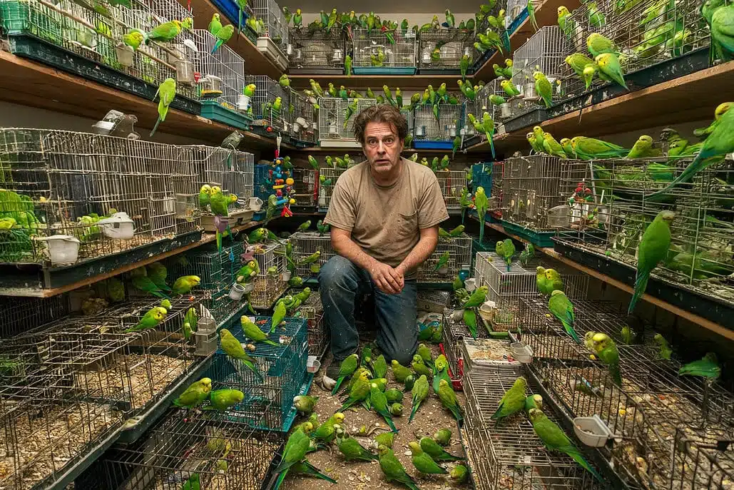 Animal Hoarding bei Wellensittichen – Ursachen, Folgen und aktuelle Fälle 2 Ein Mann mit einer psychischen Störung bei einer großen Anzahl von Vögeln.