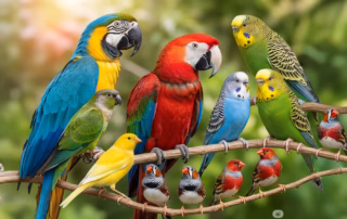 Ein Vogel als Haustier – Arten, Haltung und wichtige Tipps 11 Verschiedene Vogelarten als Haustiere – Papageien, Wellensittiche, Kanarienvogel, Zebrafinken und weitere Sittiche auf einem Ast
