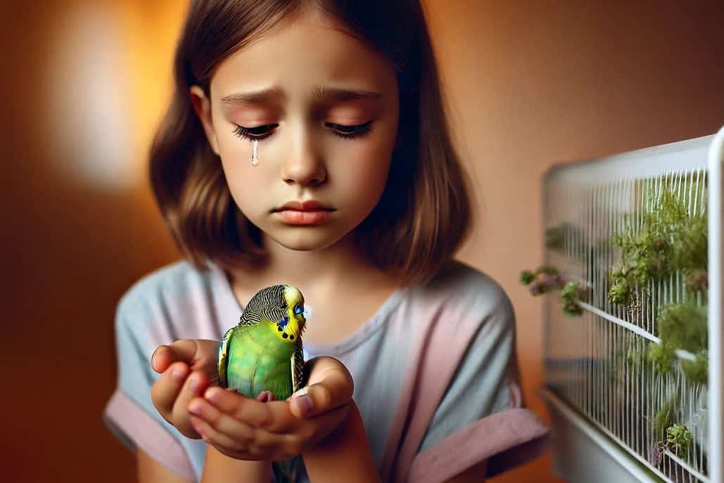 Ein Mädchen hält mit Tränen in den Augen einen grünen Wellensittich