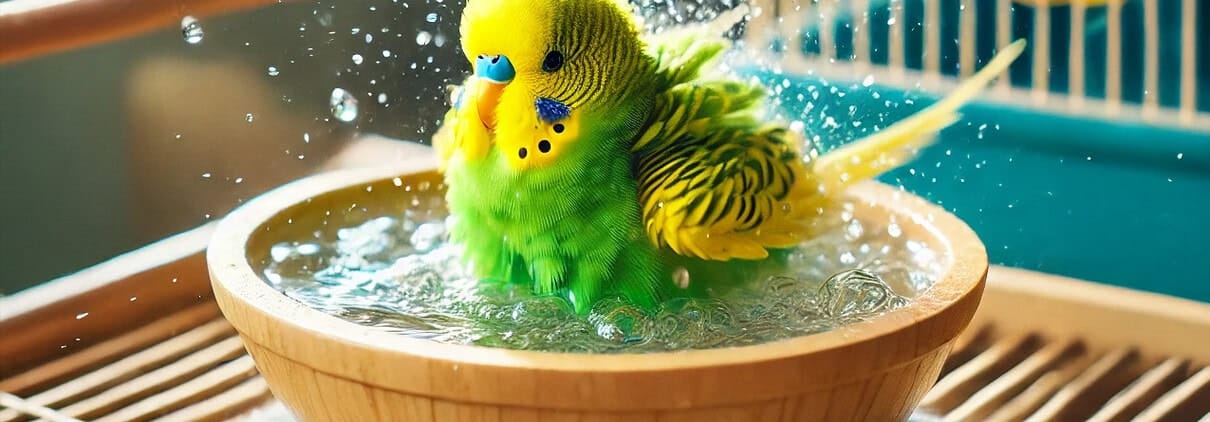 Ein grüner und gelber Wellensittich beim Baden in einer offenen, wassergefüllten Badschale, umgeben von einem hellen, gemütlichen Innenraum.