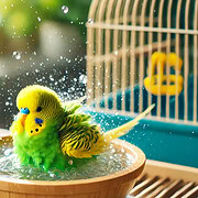 Ein grüner und gelber Wellensittich beim Baden in einer offenen, wassergefüllten Badschale, umgeben von einem hellen, gemütlichen Innenraum.