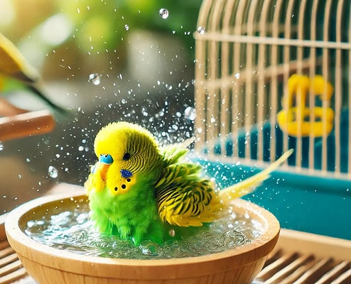 Ein grüner und gelber Wellensittich beim Baden in einer offenen, wassergefüllten Badschale, umgeben von einem hellen, gemütlichen Innenraum.