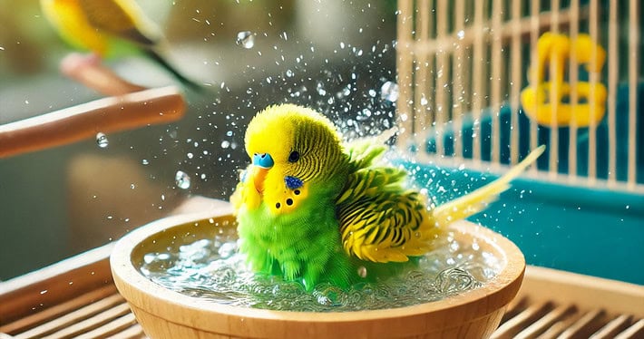 Ein grüner und gelber Wellensittich beim Baden in einer offenen, wassergefüllten Badschale, umgeben von einem hellen, gemütlichen Innenraum.