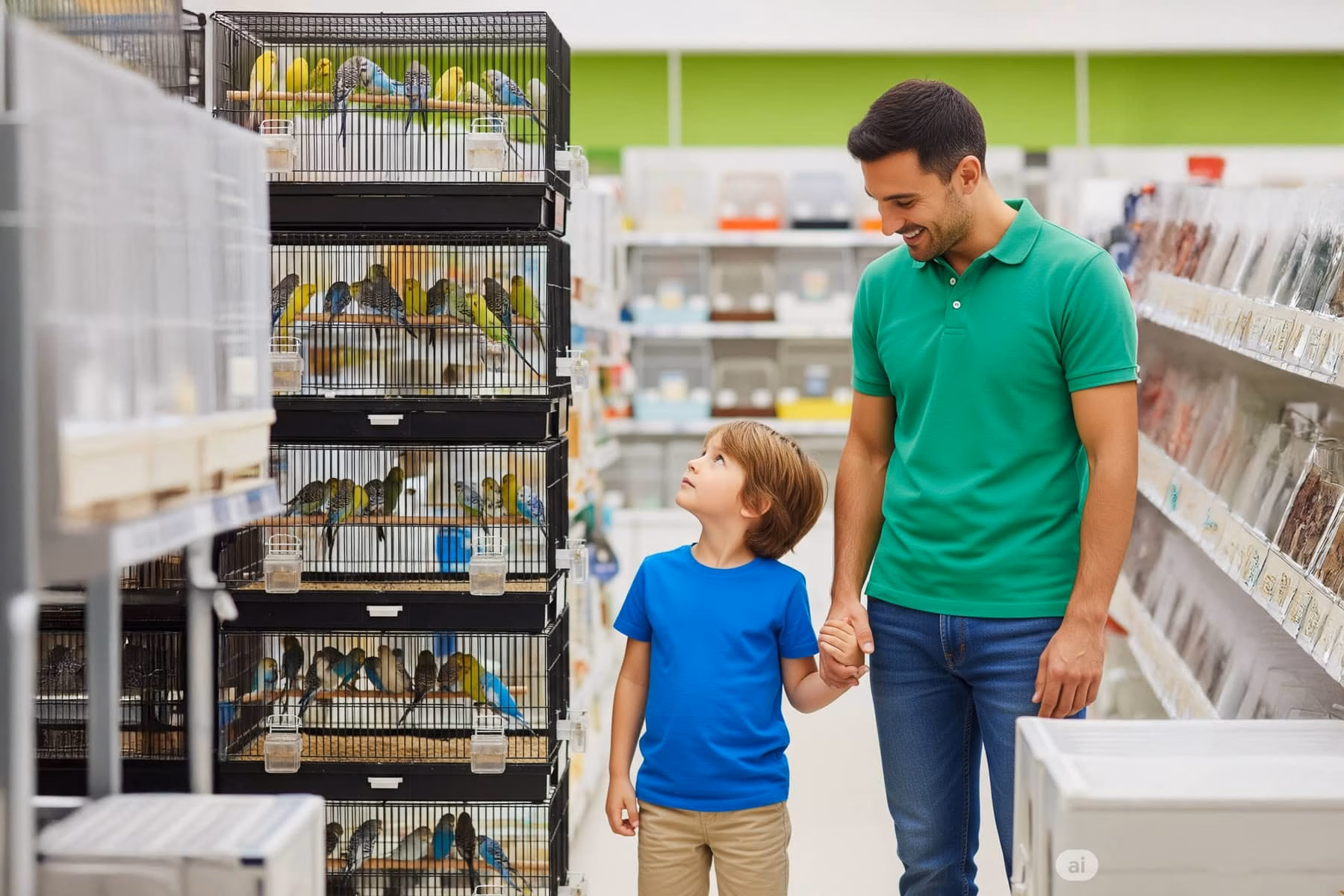 Familie betrachtet Wellensittiche im Zoofachhandel vor dem Kauf