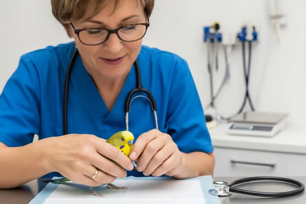 Schnabel schneiden beim Wellensittich – Ursachen, Vorgehen & Vorsorge 2 Tierärztin schneidet vorsichtig den Schnabel beim Wellensittich in der Praxis
