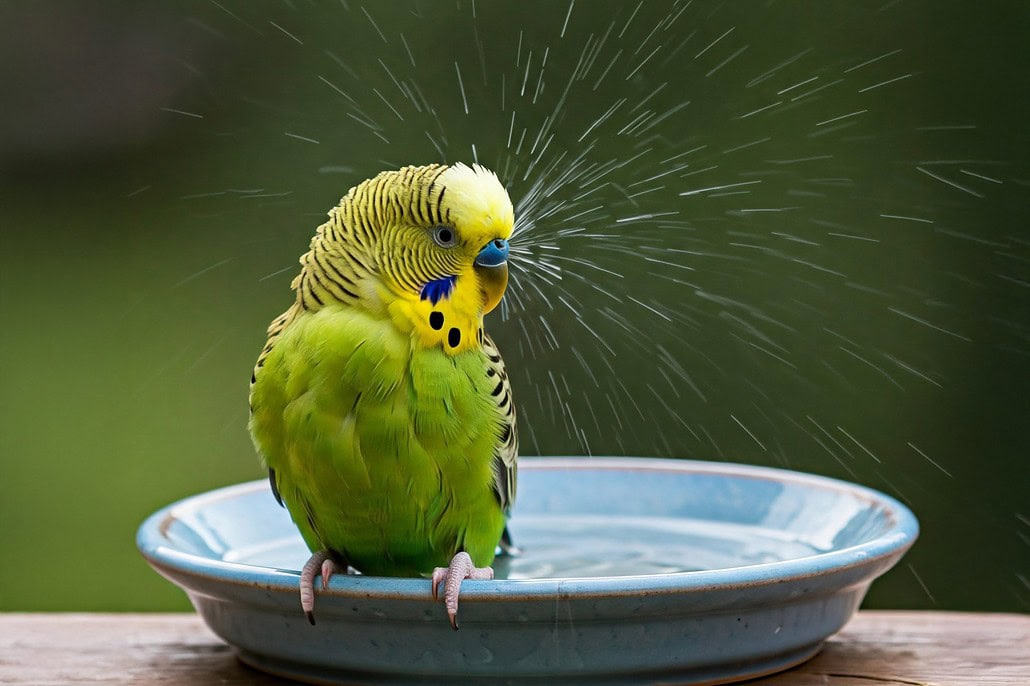 Ein Wellensittich badet in einer flachen Schale mit Wasser, umgeben von einem hellen, gemütlichen Umgebung.