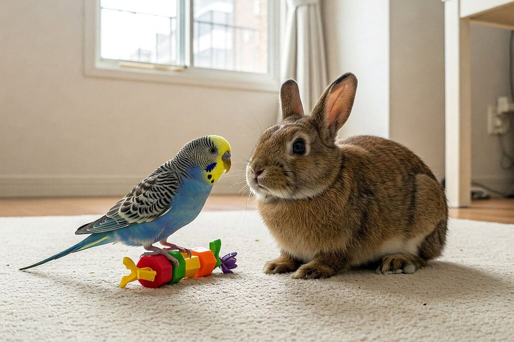 Kaninchen und Vögel zusammen halten