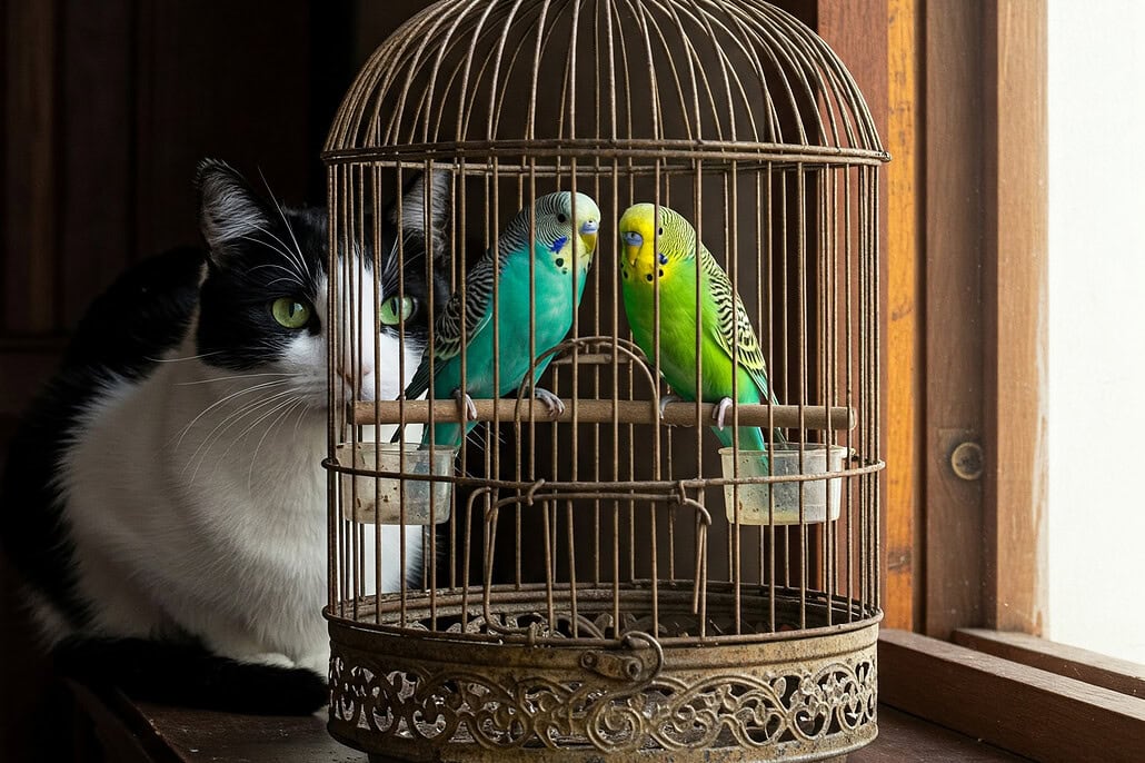 Katze und Vögel zusammen halten