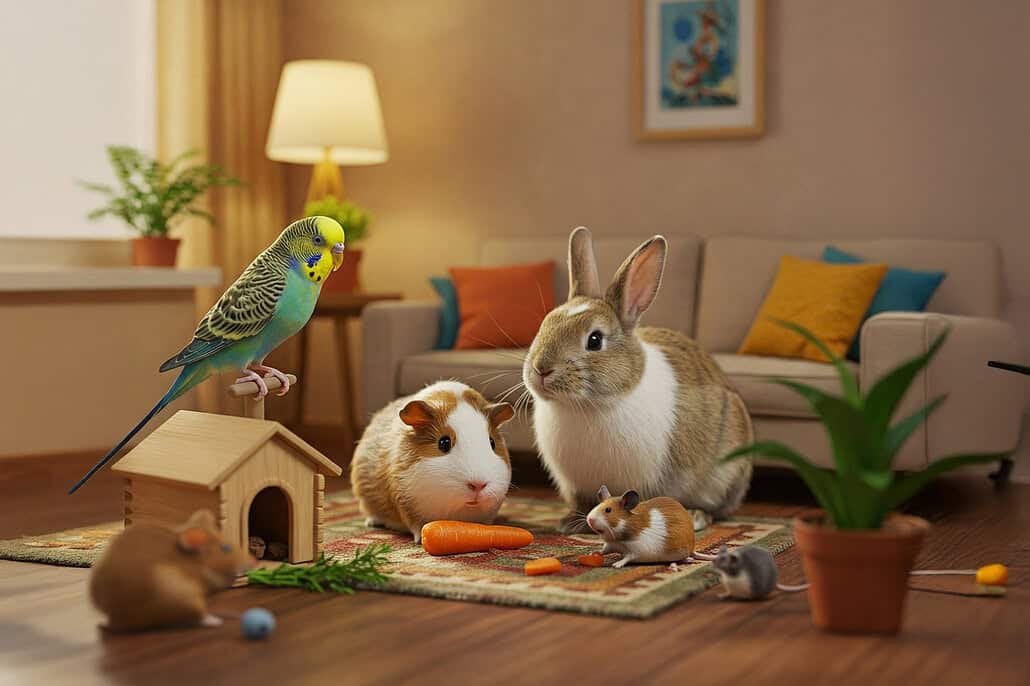 Wellensittich mit Meerschweinchen, Kaninchen und Hamster.