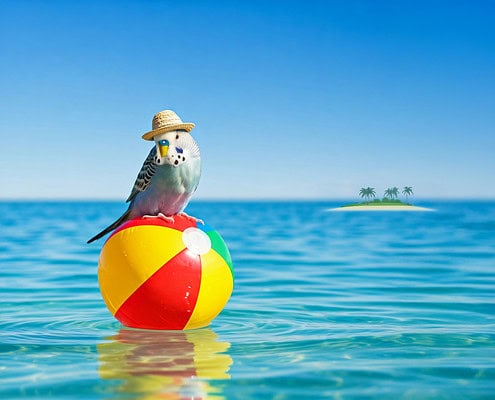 Ein Wellensittich genießt seinen Urlaub am Meer, während er auf einem bunten Ball sitzt.