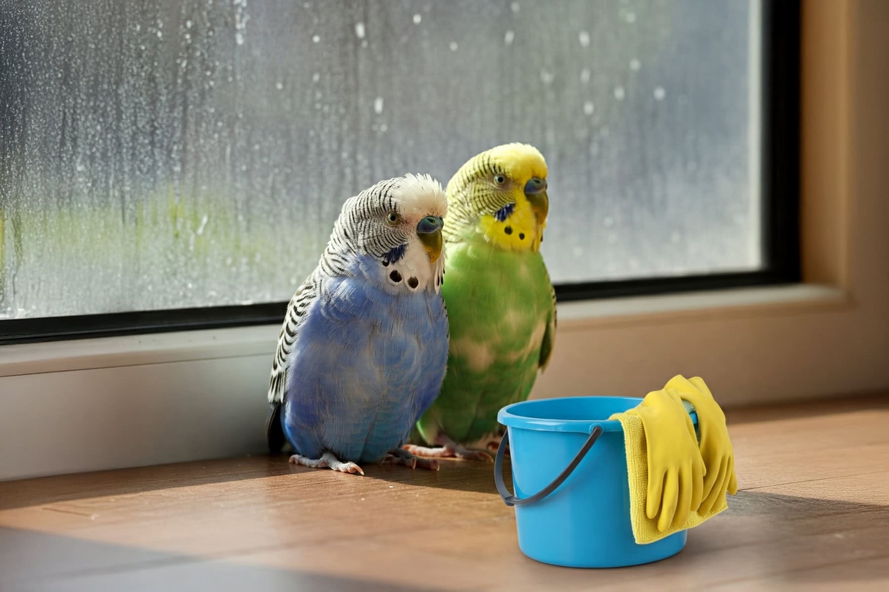 Zwei Wellensittiche mit Putzzeug vor schmutziger Fensterscheibe.