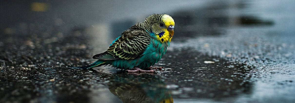 Ein Wellensittich sitzt auf der Straße bei Regen in einer Pfütze.