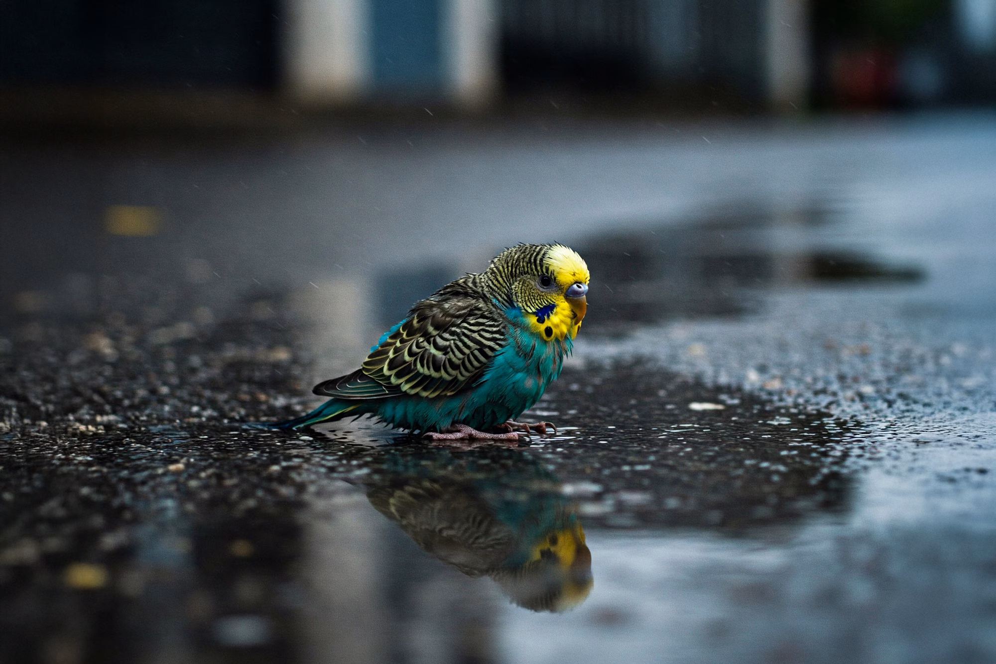 Was ist zu tun, wenn ein Wellensittich gefunden wird Ein Wellensittich sitzt auf der Straße bei Regen in einer Pfütze.