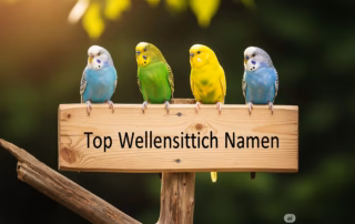 Namensideen für Wellensittiche 3 Vier farbenfrohe Wellensittiche sitzen auf einem Holzschild mit der Aufschrift „Top Wellensittich Namen“