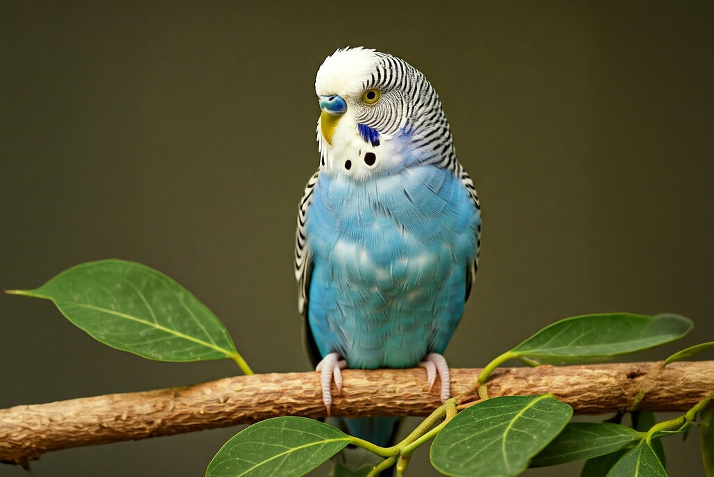 Ein blauer Wellensittich sitzt auf einem grünen Zweig.