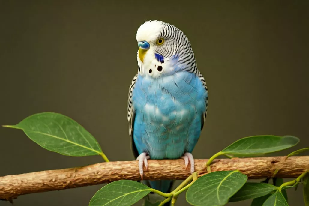 Farbschläge von Wellensittichen – Übersicht & Vererbung 4 Ein blauer Wellensittich sitzt auf einem grünen Zweig.