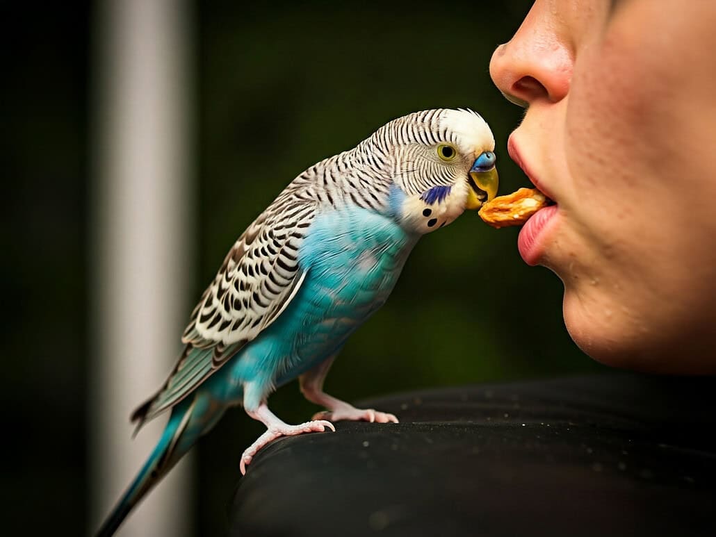 Ein kleiner, bunter Wellensittich streckt seinen Kopf aus dem Mund seiner Besitzerin, um an einem Leckerbissen zu knabbern.
