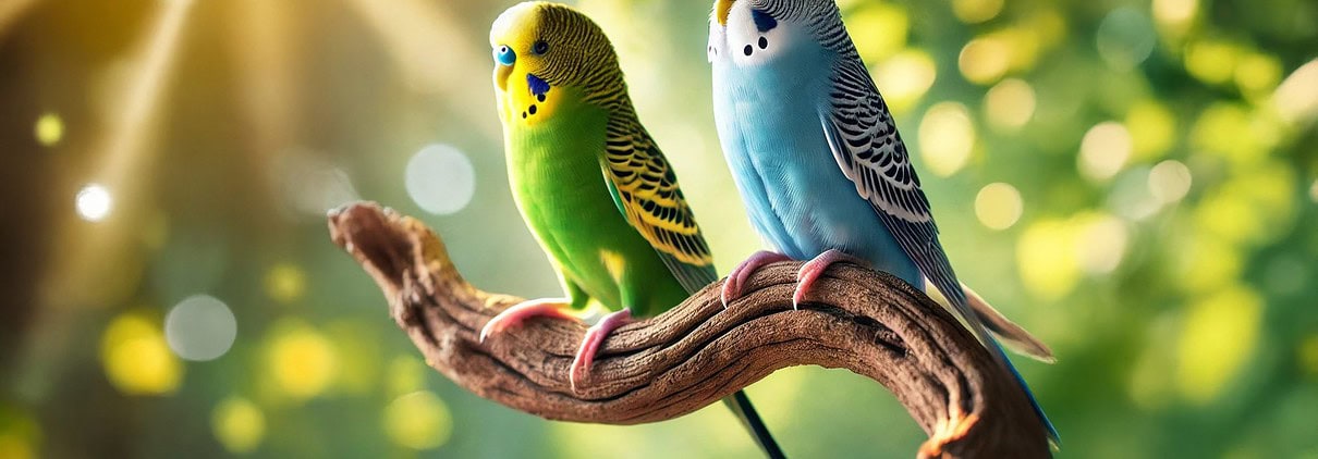 Zwei Wellensittiche sitzen auf einer Sitzstange aus Naturholz