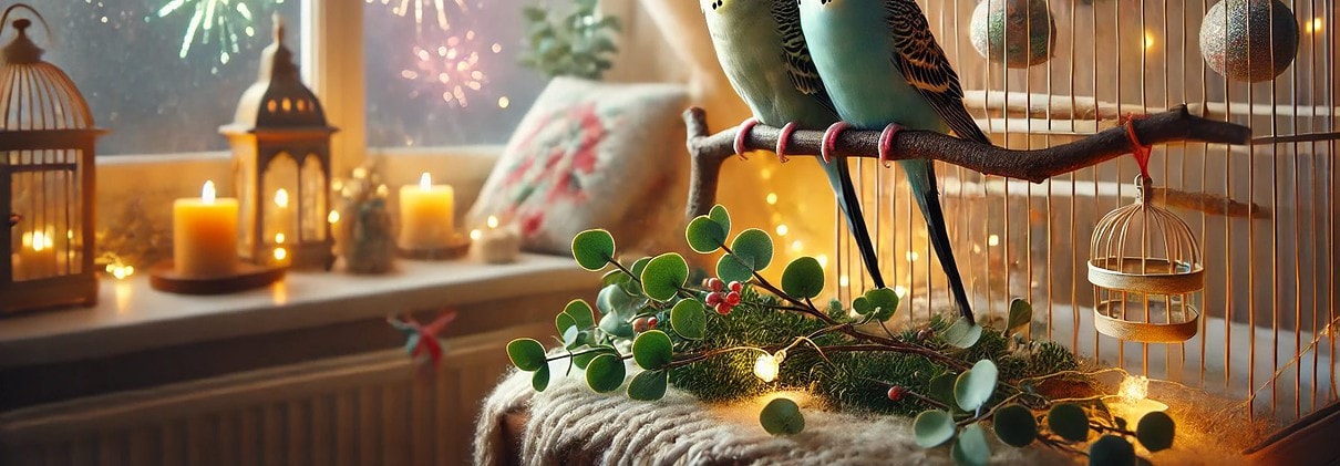 zwei Wellensittiche sitzen entspannt auf einer Stange beim Silvesterfeuerwerk