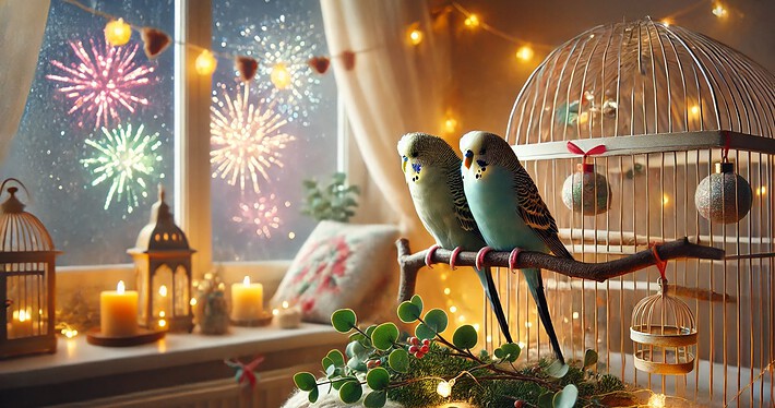 zwei Wellensittiche sitzen entspannt auf einer Stange beim Silvesterfeuerwerk