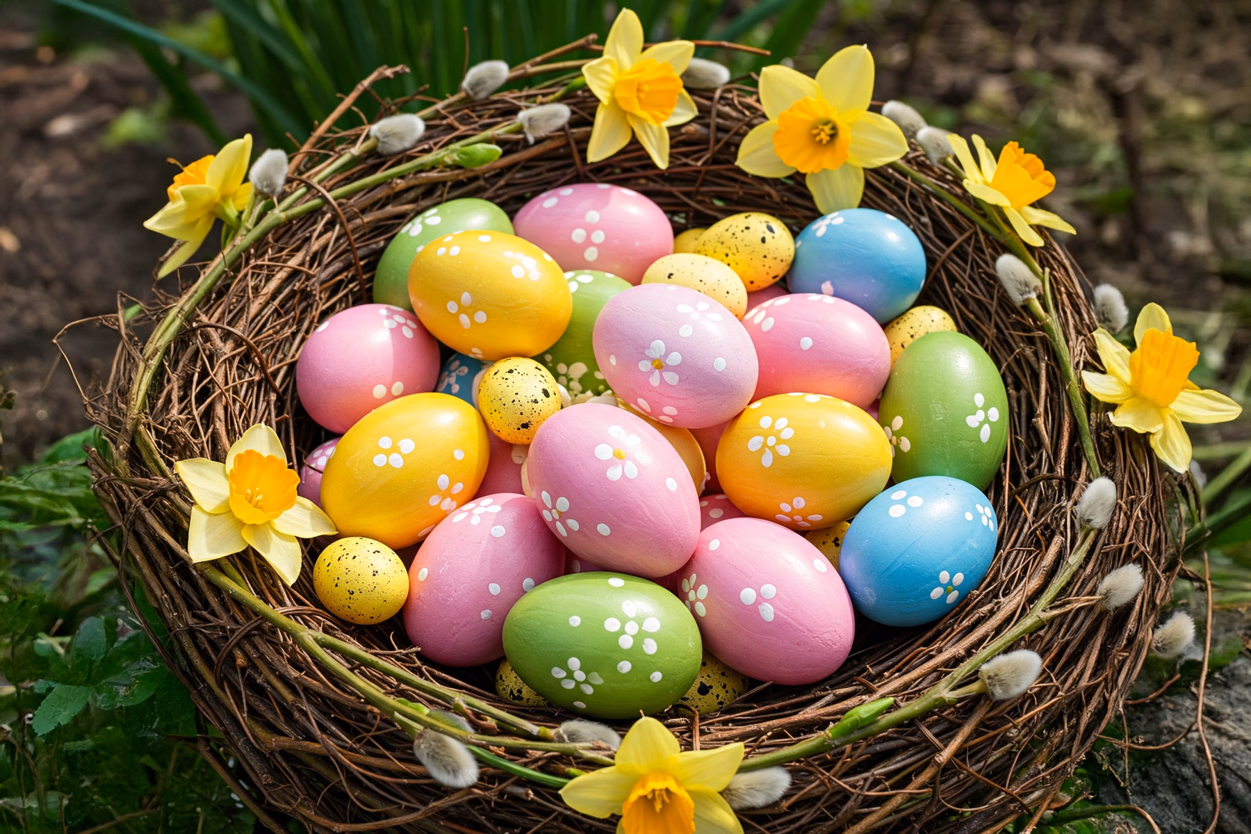 Ostern mit Wellensittichen: So feierst du ein schönes Fest 3 Osternest mit bunten Ostereiern und Frühlingsblumen als natürliche Osterdeko.