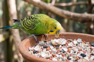 Vogelgrit: Nutzen, Arten & sichere Anwendung für Wellensittiche 3 Wellensittich pickt Vogelgrit und Muschelgrit aus einer Tonschale