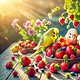Neugierige Wellensittiche knabbern an frischen Erdbeeren auf einem Holztisch und zwitschern fröhlich.