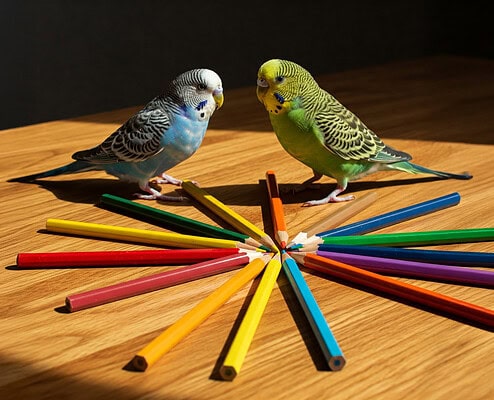Wellensittiche mit Buntstiften in verschiedenen Farben.