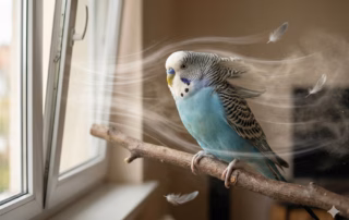 Wellensittich sitzt am offenen Fenster auf einem Naturast, während Durchzug die Federn nach hinten wehen lässt.