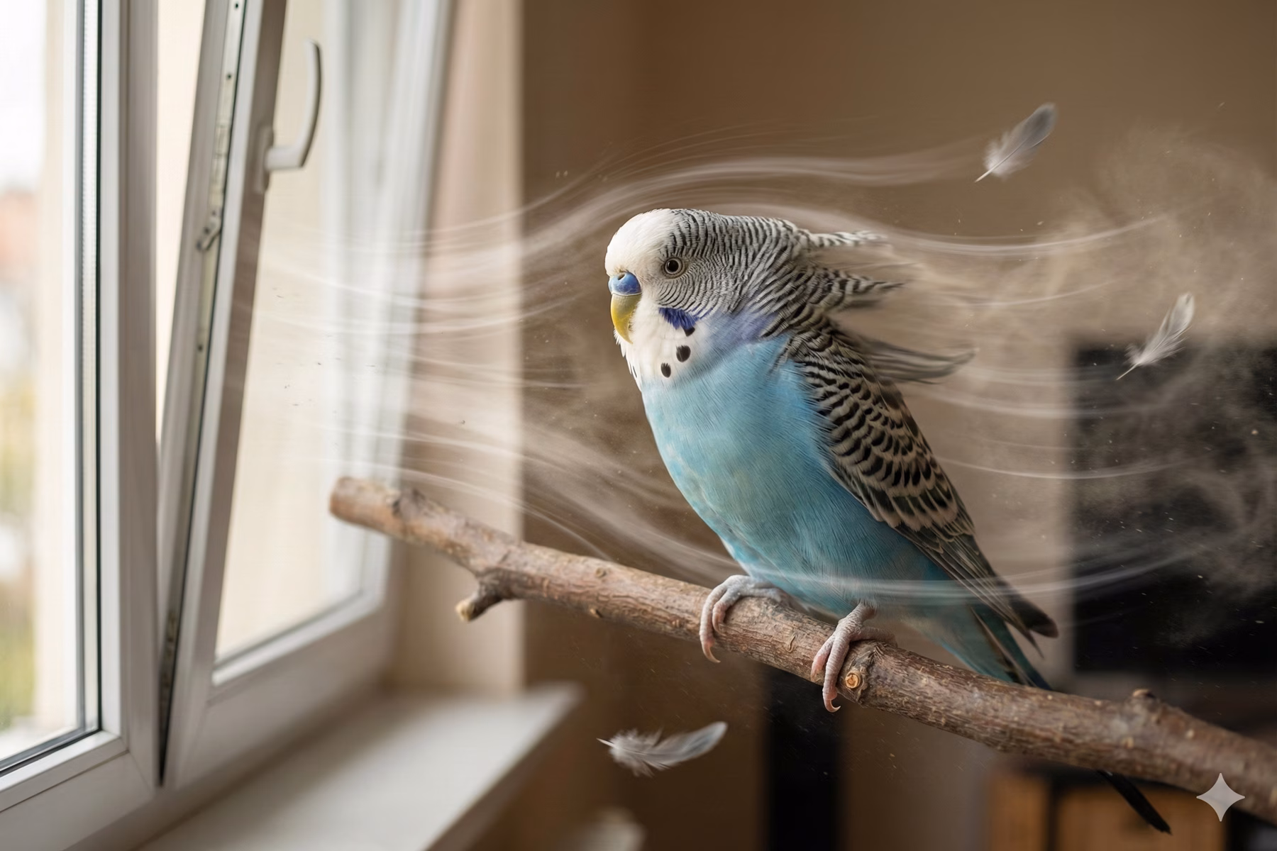 Wellensittich im Durchzug am offenen Fenster Wellensittich sitzt am offenen Fenster auf einem Naturast, während Durchzug die Federn nach hinten wehen lässt.