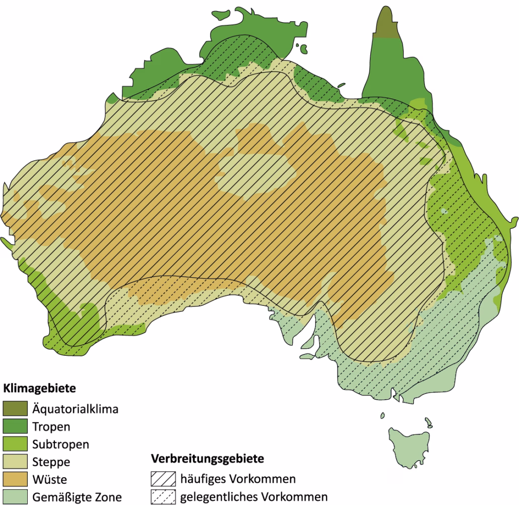Australien: Extreme Landschaften & Heimat der Wellensittiche 3 Karte von Australien mit markiertem Verbreitungsgebiet der Wellensittiche