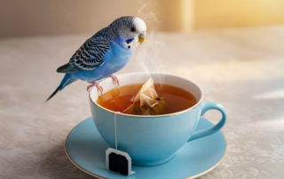 Ein blauer Wellensittich sitzt auf dem Rand einer Teetasse, die mit Tee und Teebeutel gefüllt ist.