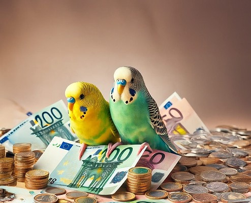 Zwei Wellensittich sitzen auf einem Berg von Geld mit Scheinen und Münzen