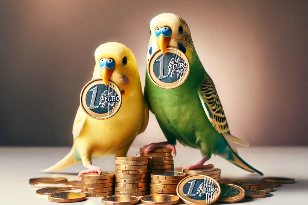 Ein umfassender Überblick: Was kosten Wellensittiche wirklich? 2 Zwei Wellensittiche vor Euro-Münzen – Symbolbild für monatliche Haltungskosten
