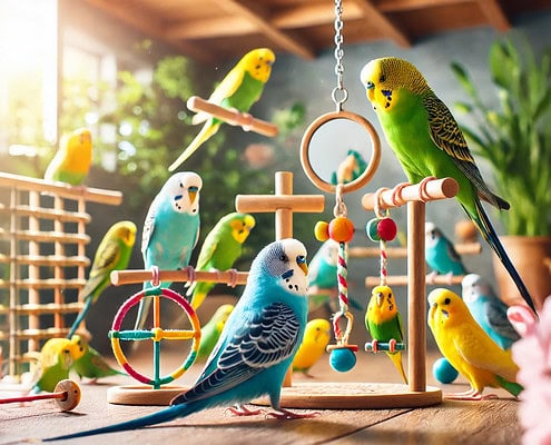 Mehrere bunte Wellensittiche spielen gemeinsam in einem hellen Raum mit Spielsachen wie Schaukeln, Leitern und Holzsitzstangen, umgeben von Pflanzen und natürlichem Licht.