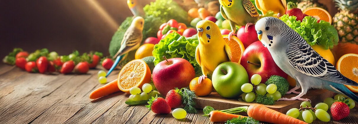 Neugierige Wellensittiche hüpfen fröhlich auf einem Holztisch mit buntem Obst und Gemüse.