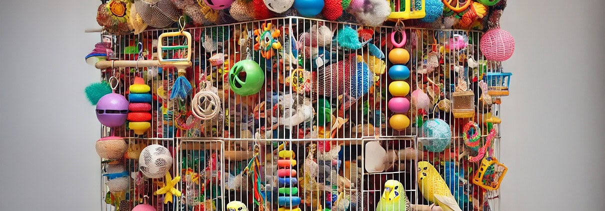 Überfüllter Vogelkäfig mit Spielzeug, zwei bewegungsunfähige Wellensittiche - Beispiel für ungeeignete Käfigausstattung bei der Einrichtung von Vogelkäfigen.