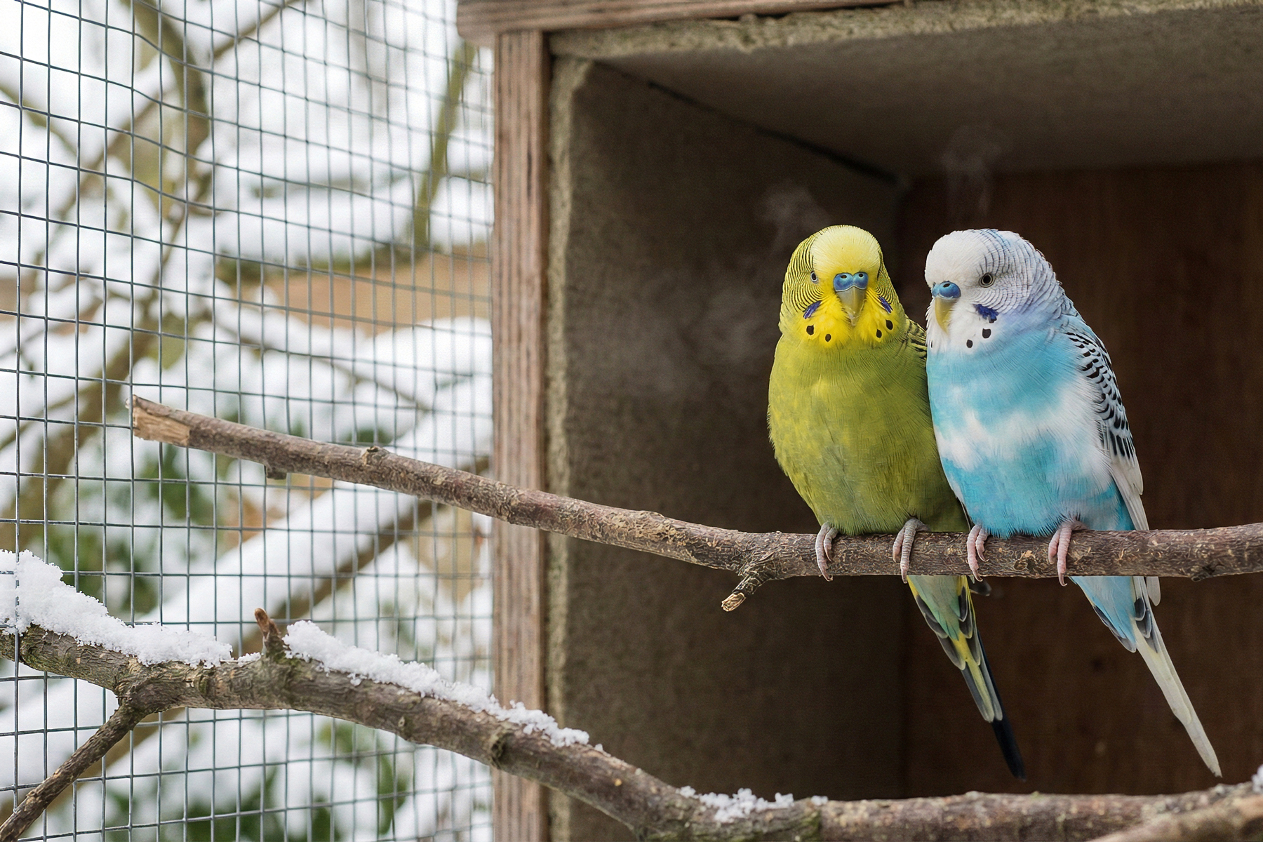 Welche Temperaturen halten Wellensittiche aus? 3 Zwei Wellensittiche in der winterlichen Außenvoliere am Schutzhaus bei niedriger Temperatur