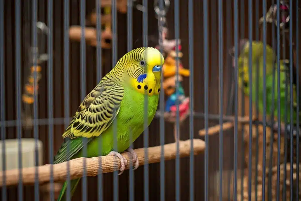 Wellensittich eingewöhnen – Tipps & Dauer für eine stressfreie Ankunft 3 grüner Wellensittich sitzt während der Eingewöhnungsphase in einem Käfig