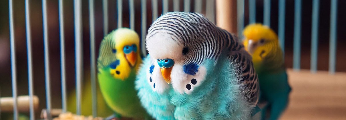 Zwei Wellensittiche werden aneinander gewöhnt.