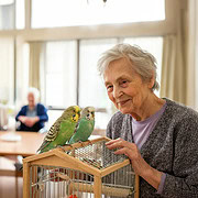 Seniorin im Altersheim mit zwei Wellensittichen auf einem Vogelkäfig.