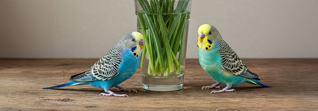 Zwei Wellensittiche neben einem Glas mit Schneeglöckchen – Achtung, Schneeglöckchen sind giftig für Vögel!