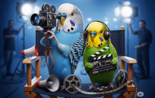 Foto von zwei Wellensittichen, die auf einem Filmset stehen; einer hält eine kleine Filmkamera und der andere eine Klappe.
