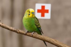 Grüner Wellensittich sitzt auf Naturast, im Hintergrund rotes Kreuz als Symbol für Gesundheit