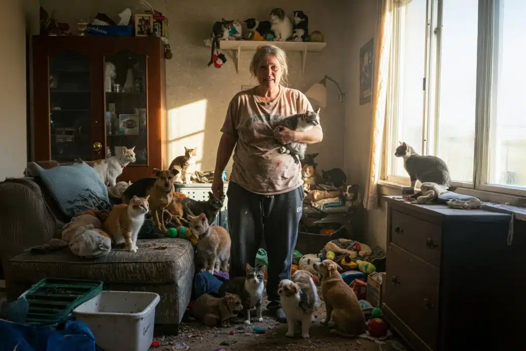 Animal Hoarding bei Wellensittichen – Ursachen, Folgen und aktuelle Fälle 3 Eine Frau in ihrer Wohnung mit verwahrlosten Katzen und Hunden