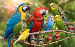 Ein Vogel als Haustier – Arten, Haltung und wichtige Tipps 3 Verschiedene Vogelarten als Haustiere – Papageien, Wellensittiche, Kanarienvogel, Zebrafinken und weitere Sittiche auf einem Ast