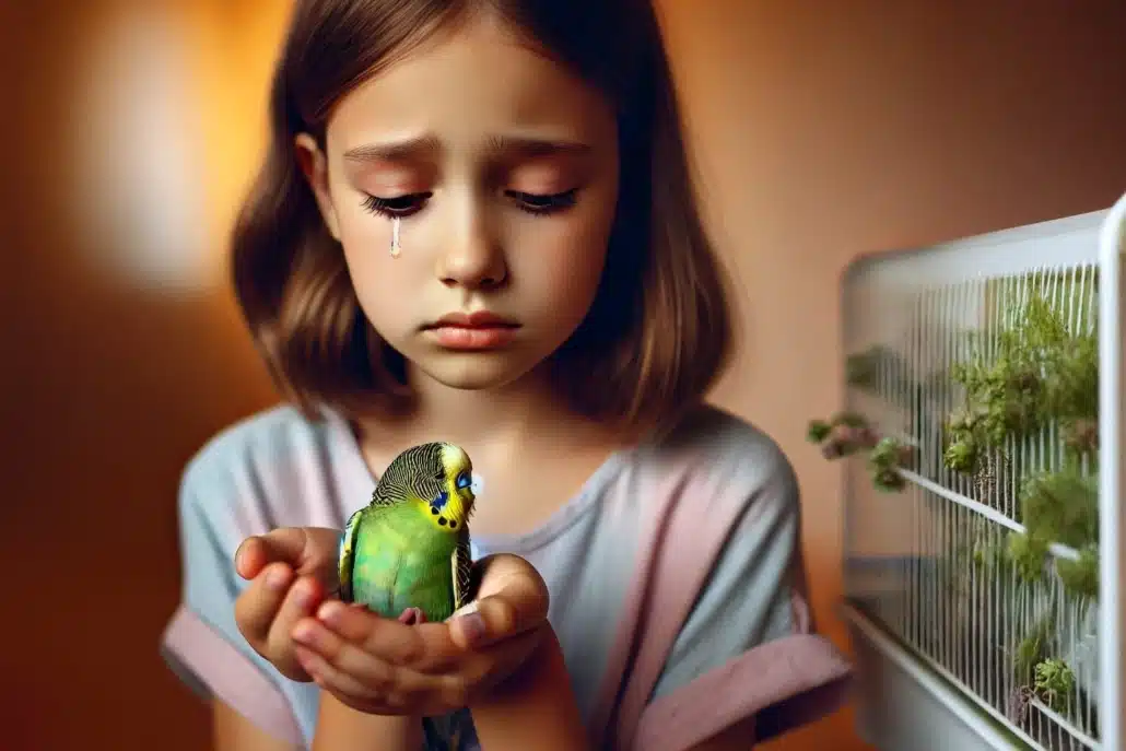 Tod eines Wellensittichs – Was tun und wie mit dem Verlust umgehen? 2 Ein Mädchen hält mit Tränen in den Augen einen toten grünen Wellensittich